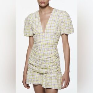 Zara Plaid Draped Balloon Sleeve Mini Dress
